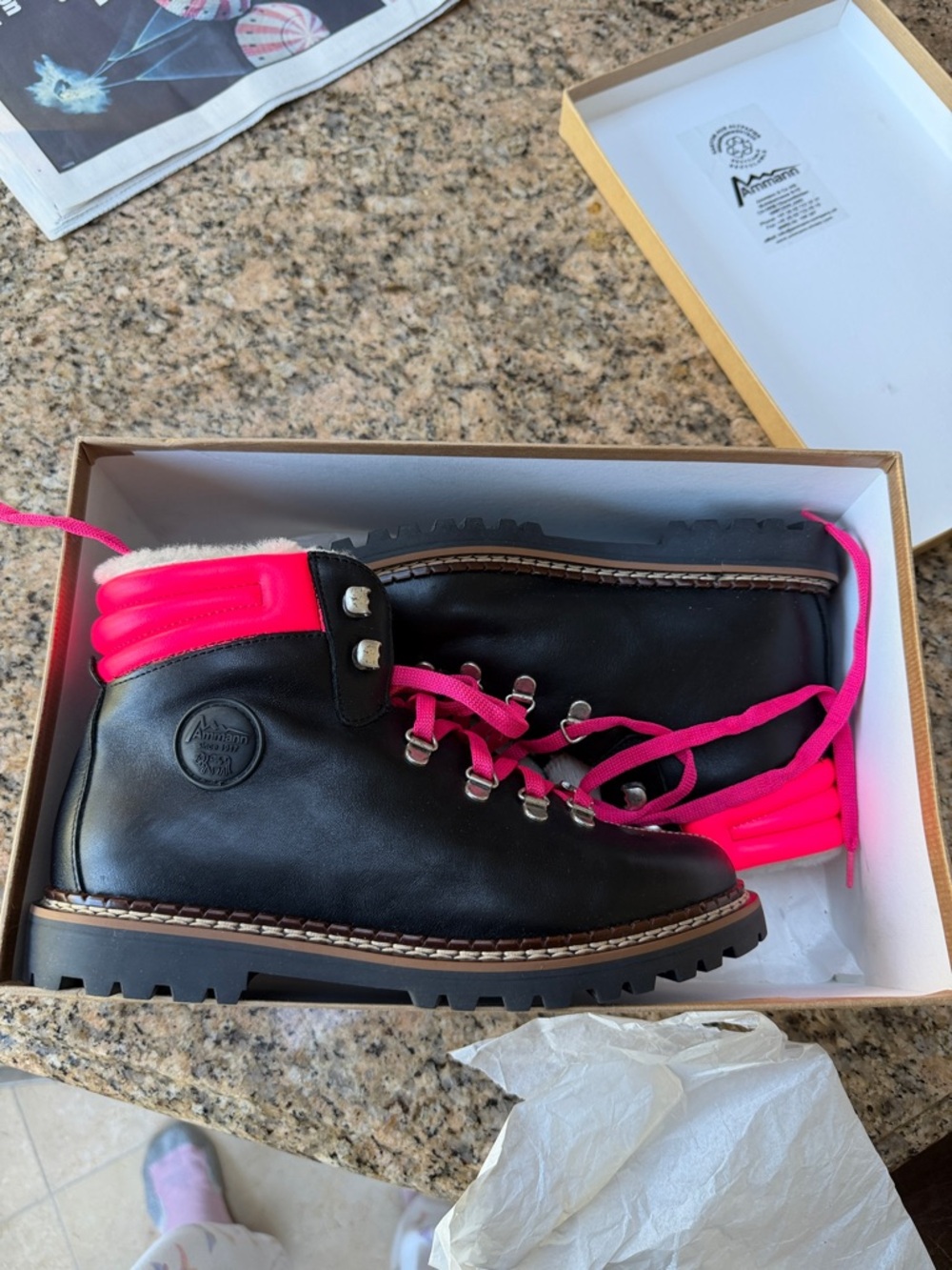 Ammann Women's Black Leather Anorak Boots with Pink Accents Brand New Size 38